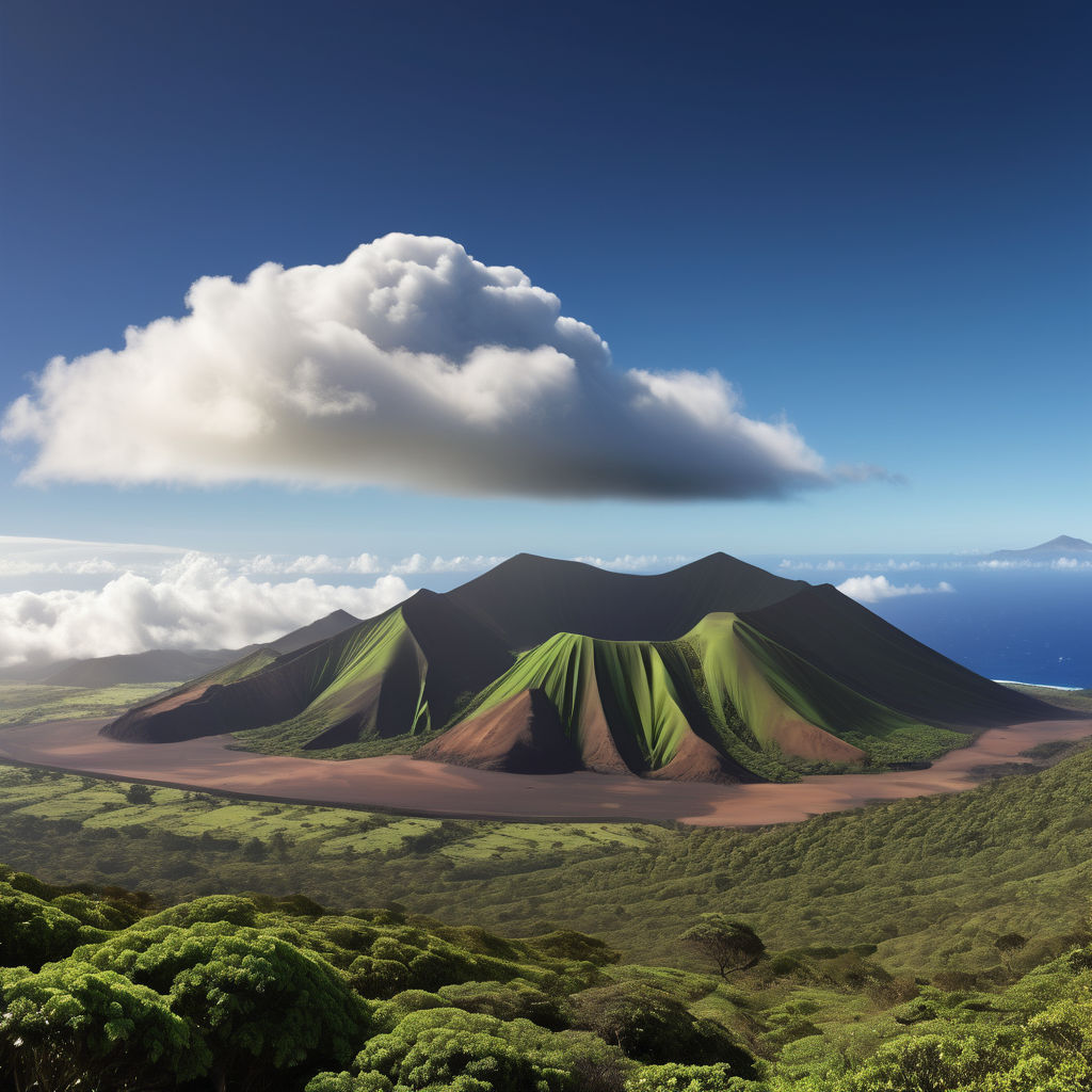 Ascension Island featuring the iconic Green Mountain. Capture the lush, green peak rising above the arid landscape, with its distinctive cloud forest at the summit. Include the surrounding volcanic terrain and a clear blue sky to highlight the unique natural beauty and dramatic scenery of this location.