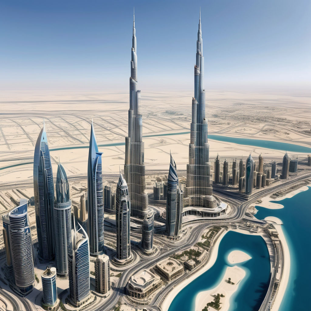 the United Arab Emirates featuring the Burj Khalifa in Dubai. The image should show the towering skyscraper with its sleek, modern design, set against a clear blue sky. Include the surrounding skyline and some of the nearby luxury buildings to capture the architectural and urban significance of this landmark.