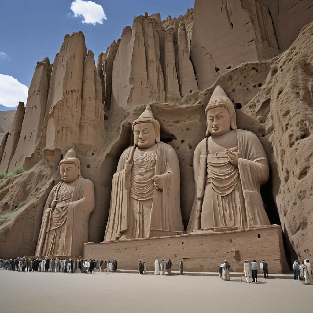 Afghanistan showcasing the Bamiyan Buddhas. Display the towering ancient statues carved into the cliffs of the Bamiyan Valley, with their iconic features partially eroded. Include the rugged, arid landscape surrounding the site and the mountainous backdrop, capturing the historical and cultural significance of these UNESCO World Heritage remnants.