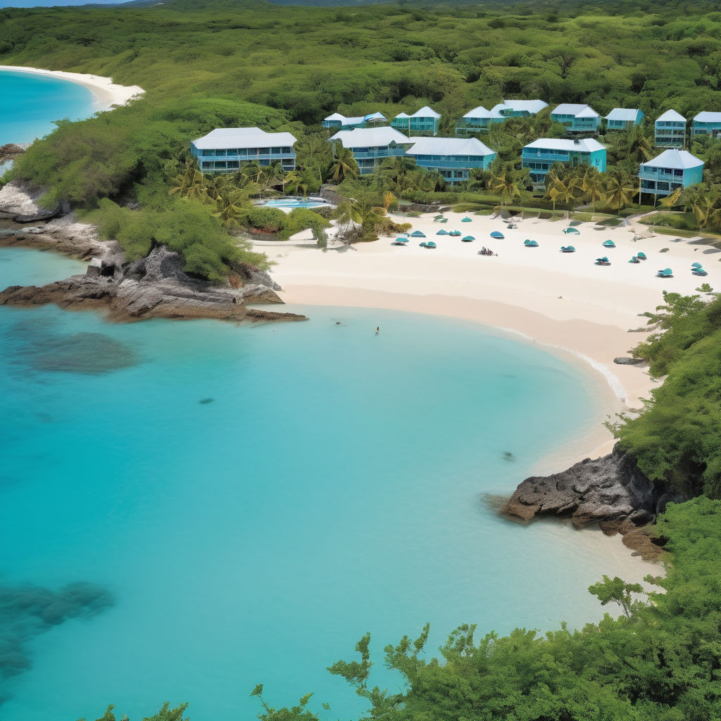 Antigua and Barbuda featuring the stunning Half Moon Bay. Capture the crescent-shaped beach with its pristine white sand, crystal-clear turquoise waters, and lush green vegetation. Include a few beachgoers enjoying the sun to highlight the tropical paradise and natural beauty of this iconic location.