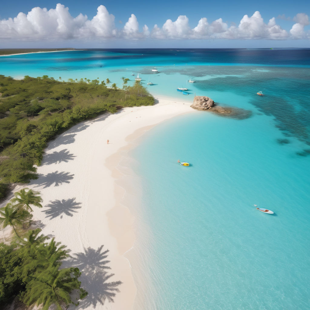 Anguilla featuring the stunning Shoal Bay Beach. Capture the pristine white sandy beach, crystal-clear turquoise waters, and swaying palm trees. Include a few beachgoers and a clear blue sky to highlight the tropical paradise and natural beauty of this iconic location.