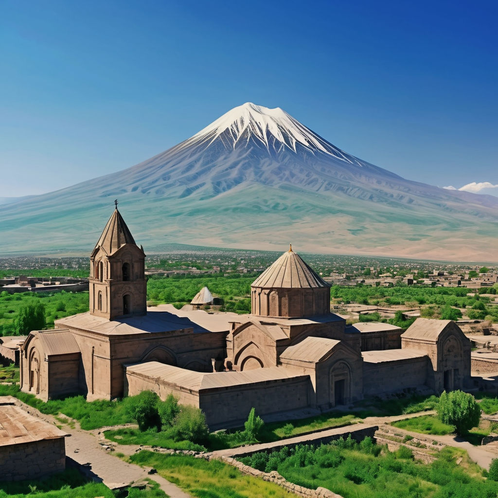 Armenia featuring the stunning view of Mount Ararat from Khor Virap Monastery. Capture the monastery's ancient architecture, with its stone walls and bell tower, set against the majestic backdrop of Mount Ararat. Include the lush green fields surrounding the monastery and the clear blue sky, emphasizing the natural beauty and historical significance of the site.