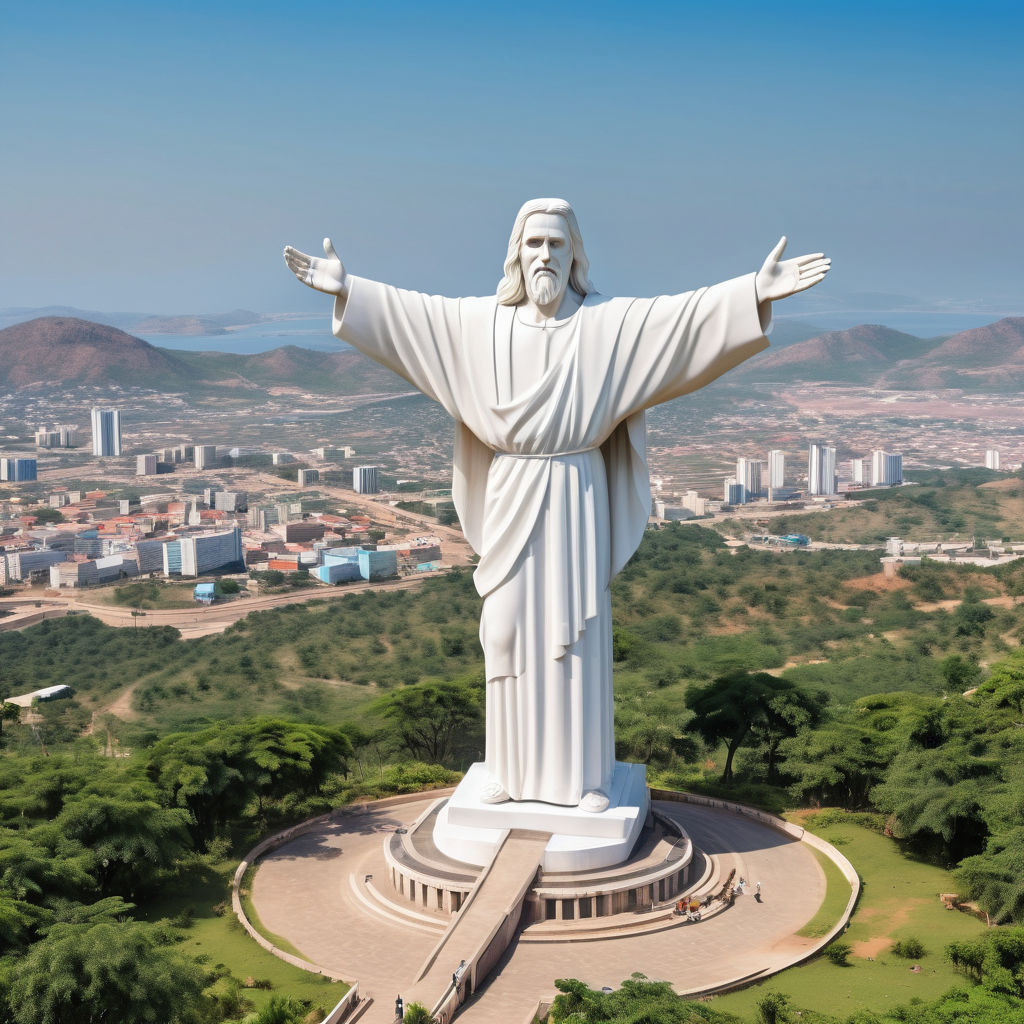 Angola featuring the Christ the King statue in Lubango. Show the large white statue of Christ with outstretched arms, standing on a hilltop overlooking the city. Include the surrounding landscape with lush greenery and a clear blue sky to capture the cultural and religious significance of this landmark.