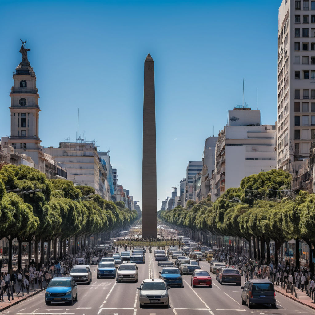 Argentina featuring the Obelisk of Buenos Aires. The image should show the tall, slender monument located in the middle of Avenida 9 de Julio, with busy traffic and surrounding buildings. Include a clear blue sky and some pedestrians to capture the urban atmosphere and significance of this landmark.