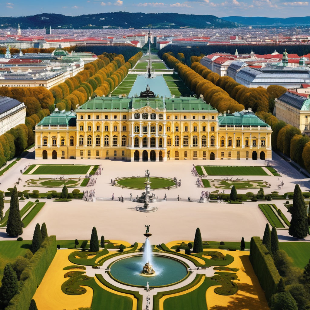 Austria featuring the Schönbrunn Palace in Vienna. The image should showcase the grand Baroque architecture of the palace with its yellow facade and expansive gardens. Include the beautifully manicured gardens, fountains, and the palace's intricate details to highlight the elegance and historical significance of this landmark.