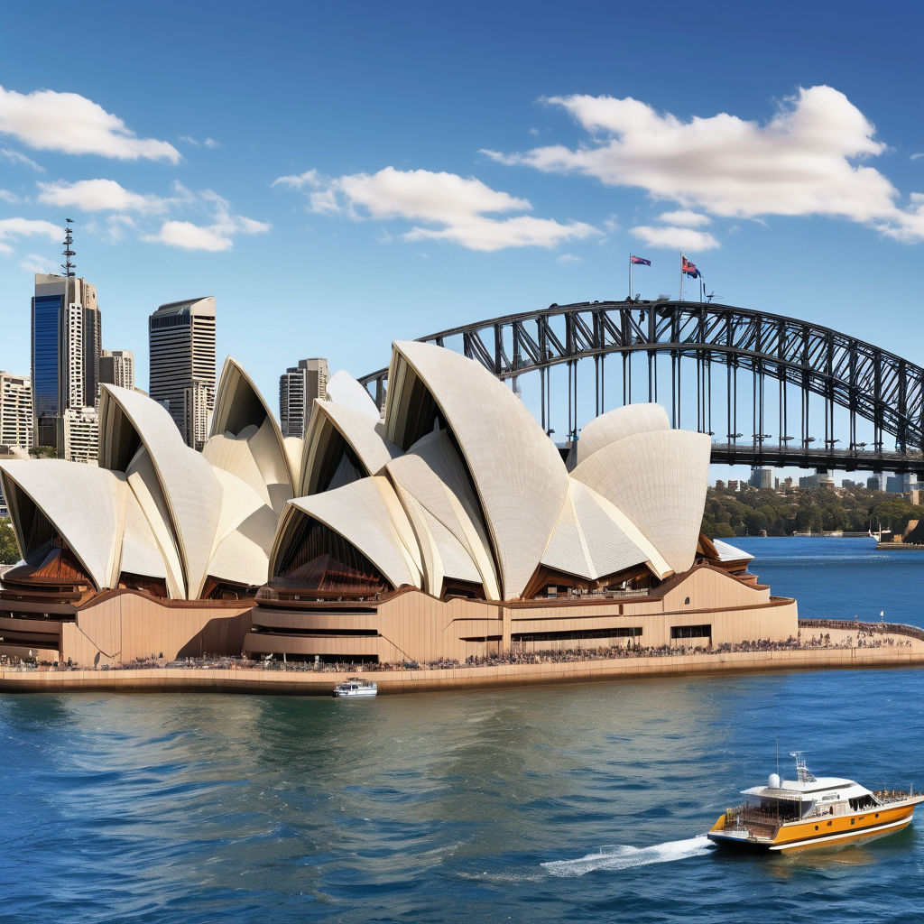 Australia featuring the Sydney Opera House. The image should show the iconic building with its sail-like design, set against a clear blue sky and the Sydney Harbour Bridge in the background. Include some boats in the harbor to capture the lively atmosphere and significance of this landmark.