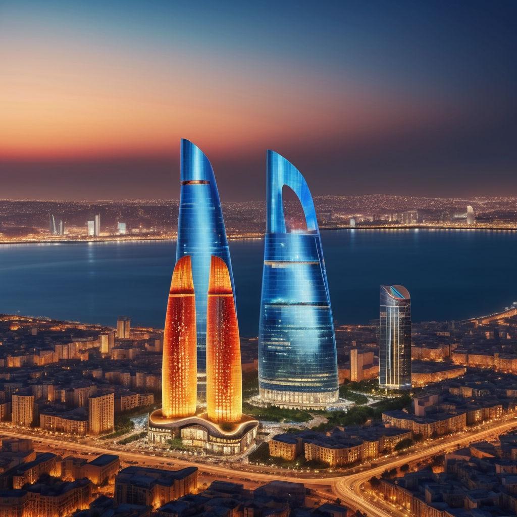 Azerbaijan featuring the Flame Towers in Baku. The image should show the three distinctive skyscrapers with their flame-shaped design, illuminated at night. Include the surrounding modern cityscape and the Caspian Sea to capture the contemporary and iconic nature of this landmark.