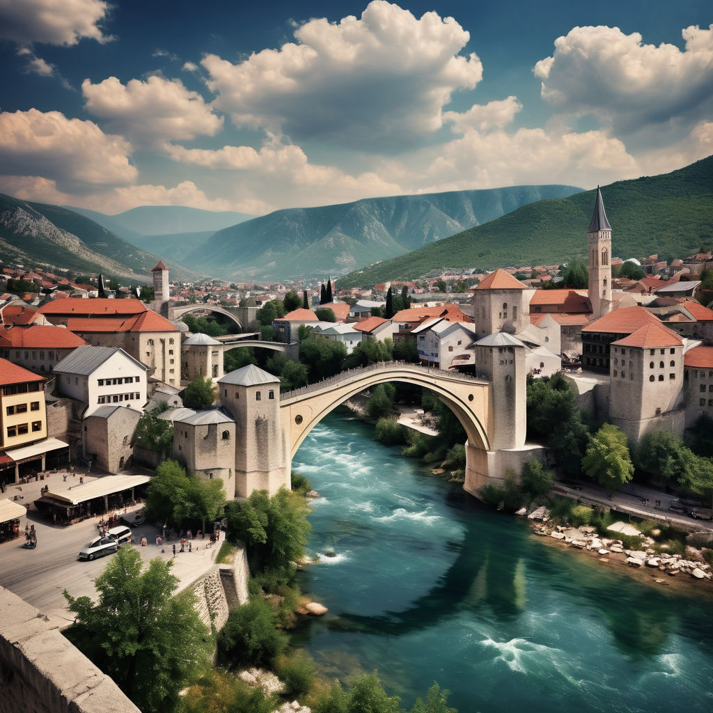 Bosnia and Herzegovina, featuring a prominent landmark or scene. Include elements that clearly identify the location as Bosnia and Herzegovina, such as the historic Stari Most (Old Bridge) in Mostar over the Neretva River or the charming streets of Sarajevo with its Ottoman-era architecture. Ensure the architecture, cultural details, and atmosphere reflect the authentic essence of Bosnia and Herzegovina.