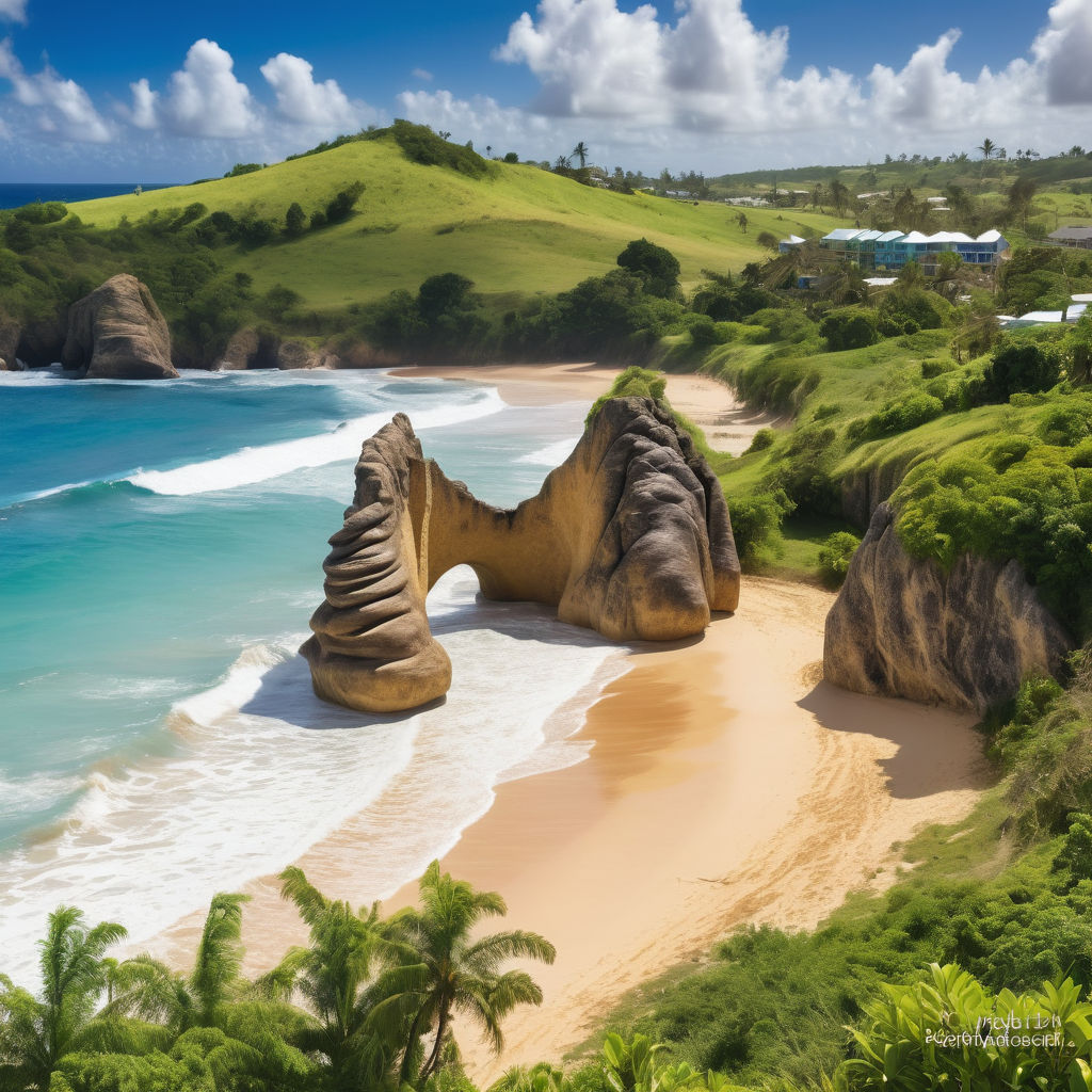 Barbados featuring the iconic Bathsheba Beach. Capture the dramatic coastline with its large rock formations, crashing waves, and golden sandy beach. Include lush green hills in the background and a clear blue sky to highlight the natural beauty and rugged charm of this landmark.