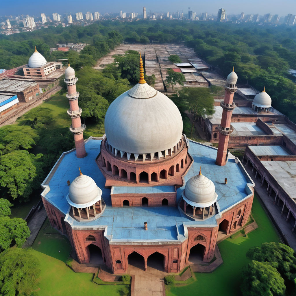 Bangladesh featuring the Sixty Dome Mosque (Shat Gombuj Masjid). The image should show the historic mosque with its numerous domes and arches, set against a clear blue sky. Include some greenery and a few people in traditional attire to capture the cultural and historical significance of this landmark.