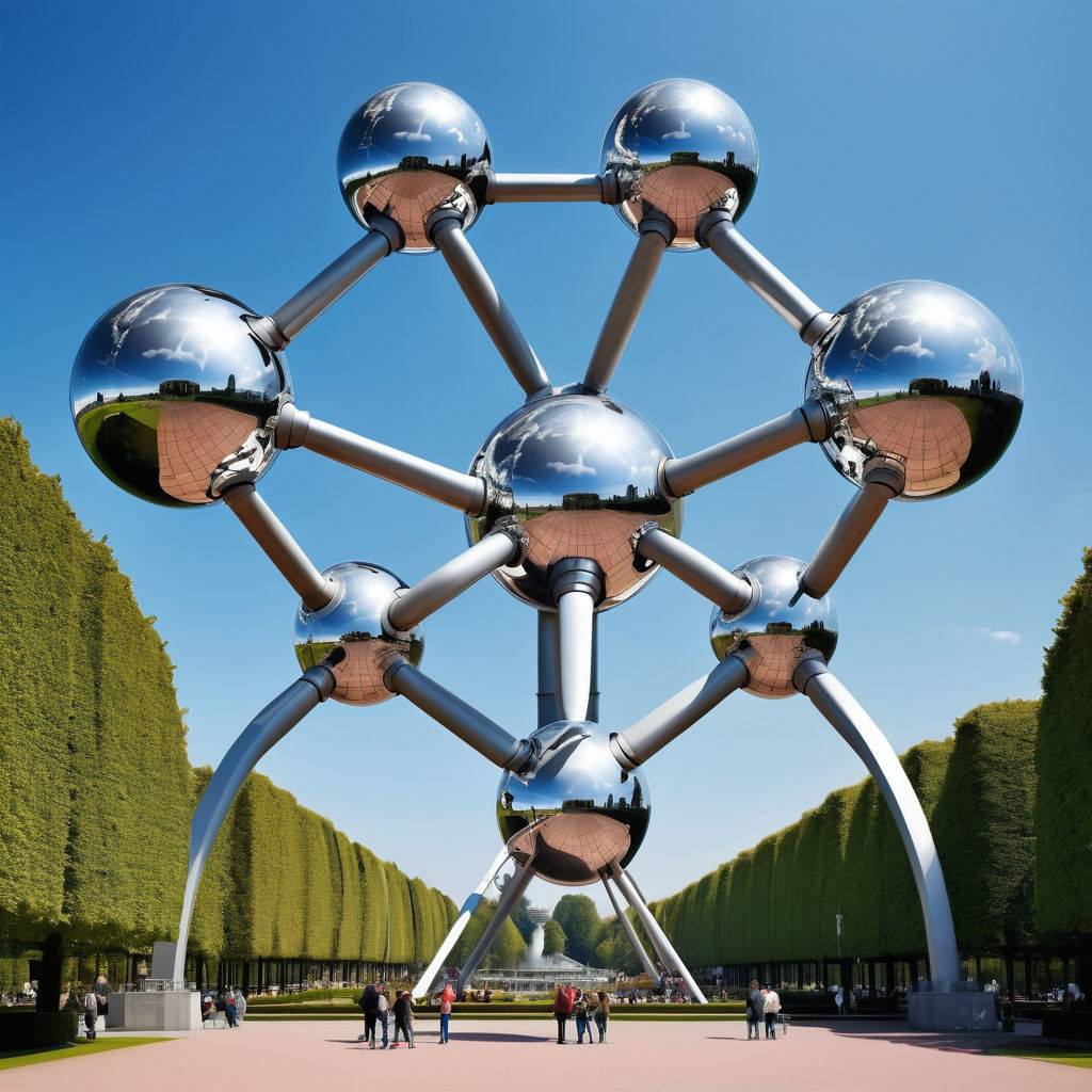 Belgium featuring the Atomium in Brussels. The image should show the iconic structure with its interconnected steel spheres, set against a clear blue sky. Include the surrounding park and some visitors to capture the modern and architectural significance of this landmark.