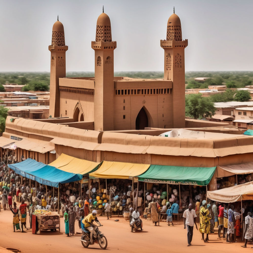 Burkina Faso, featuring a prominent landmark or scene. Include elements that clearly identify the location as Burkina Faso, such as the Grand Mosque of Bobo-Dioulasso with its unique Sudano-Sahelian architecture or the vibrant market of Ouagadougou with colorful stalls and local people. Ensure the architecture, cultural details, and atmosphere reflect the authentic essence of Burkina Faso.