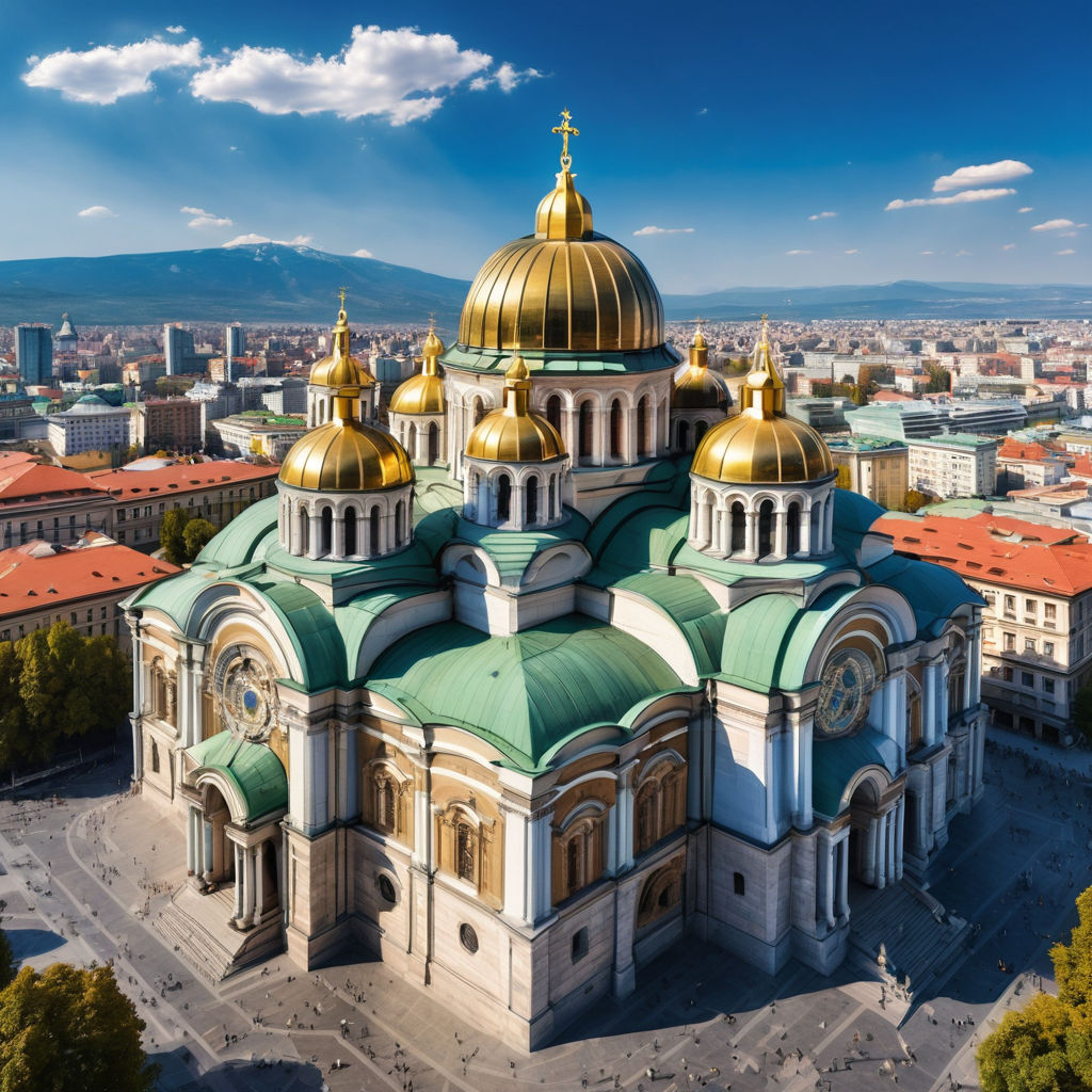 Bulgaria featuring the Alexander Nevsky Cathedral in Sofia. Show the grand cathedral with its stunning golden domes and intricate architecture, set against a clear blue sky. Include the surrounding square and a few people to capture the historical and cultural significance of this landmark.