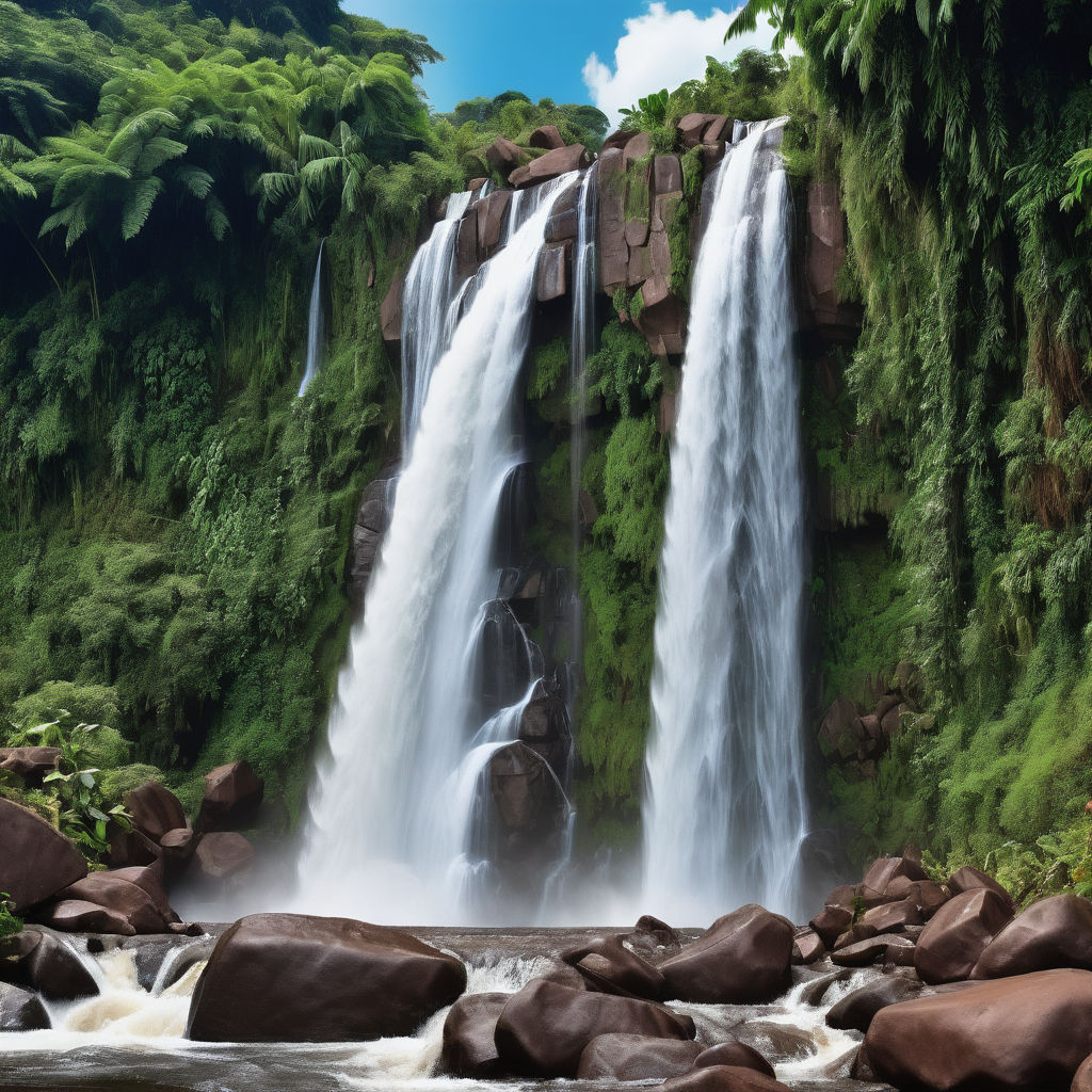 Burundi featuring the stunning Karera Waterfalls. Capture the cascading water flowing over the rocky terrain, surrounded by lush green vegetation. Include the clear blue sky and the natural beauty of the surrounding landscape to highlight this picturesque and serene landmark.