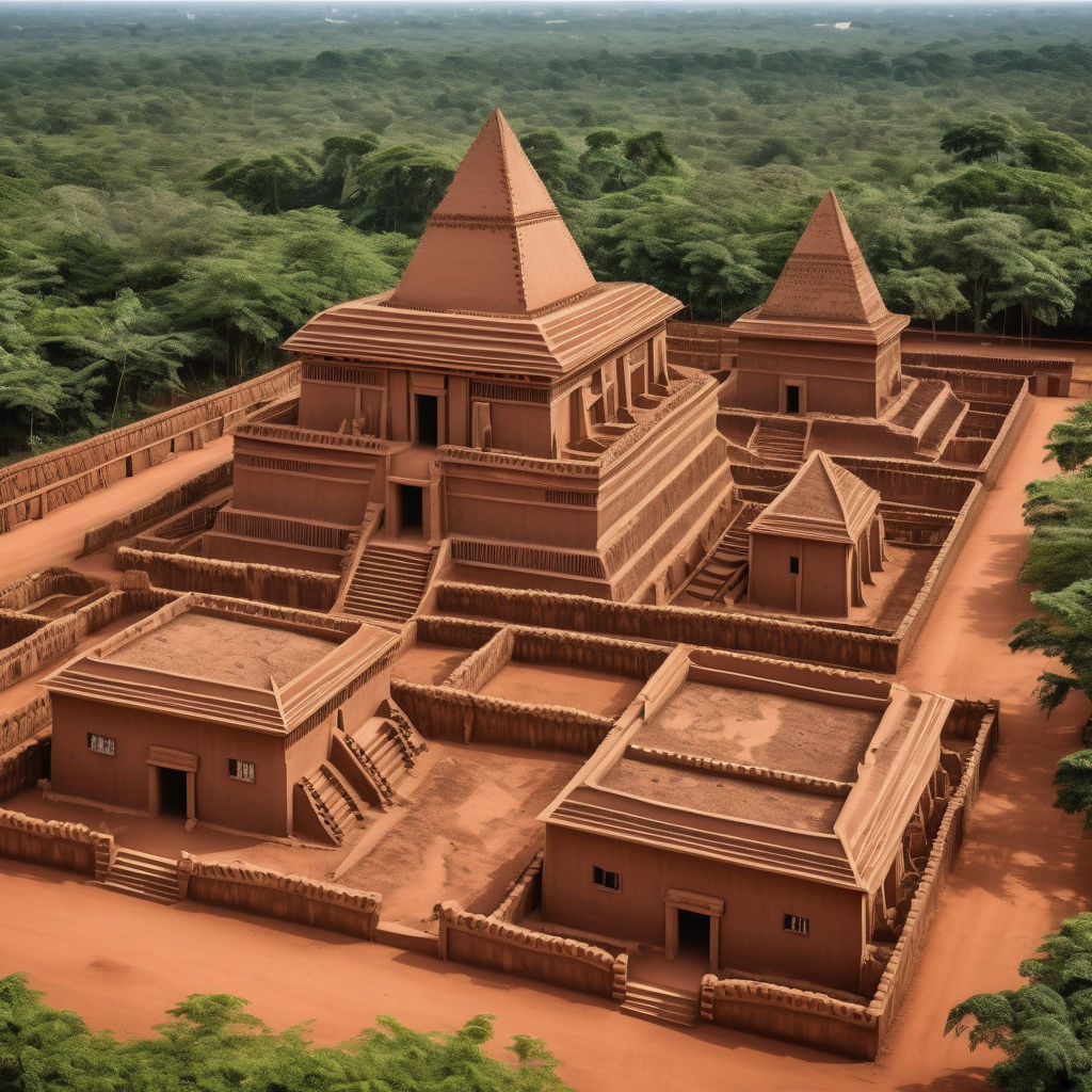 Benin featuring the Royal Palaces of Abomey. Capture the historic clay structures with their intricate bas-reliefs and traditional designs, set against a clear blue sky. Include the surrounding grounds with lush greenery and some local people to highlight the cultural and historical significance of this UNESCO World Heritage site.