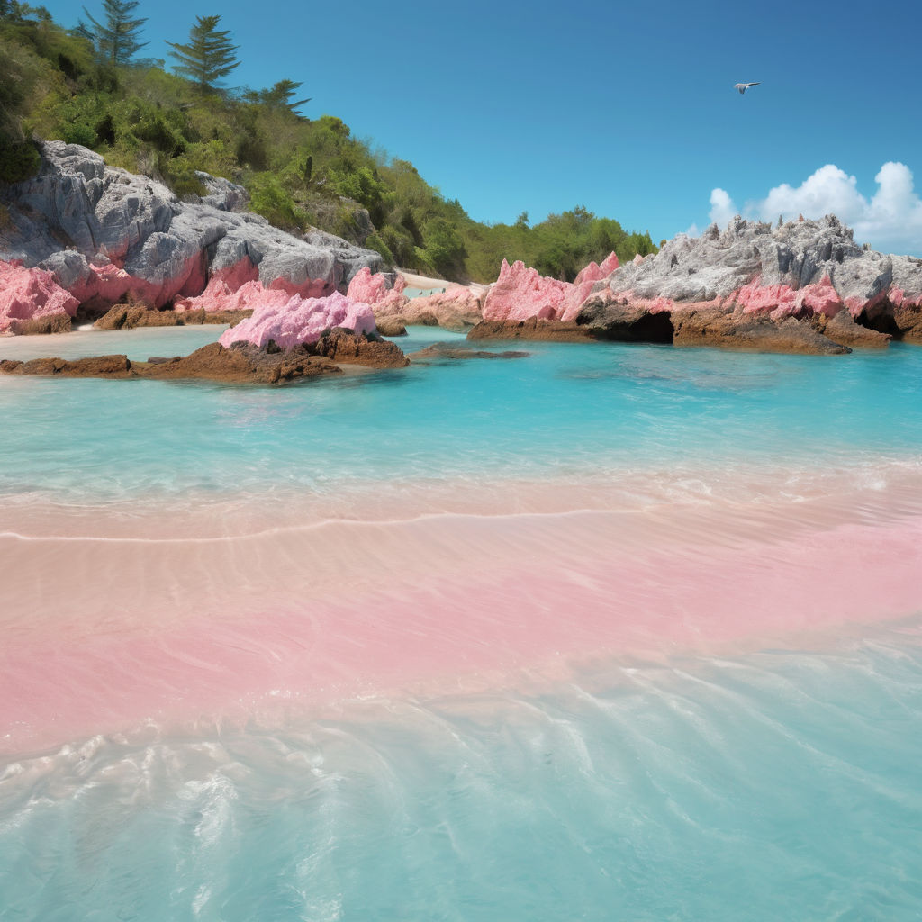 Bermuda featuring the iconic Horseshoe Bay Beach. Capture the stunning pink sand, crystal-clear turquoise waters, and rocky formations along the shoreline. Include a few beachgoers enjoying the sun and a clear blue sky to highlight the natural beauty and unique charm of this location.