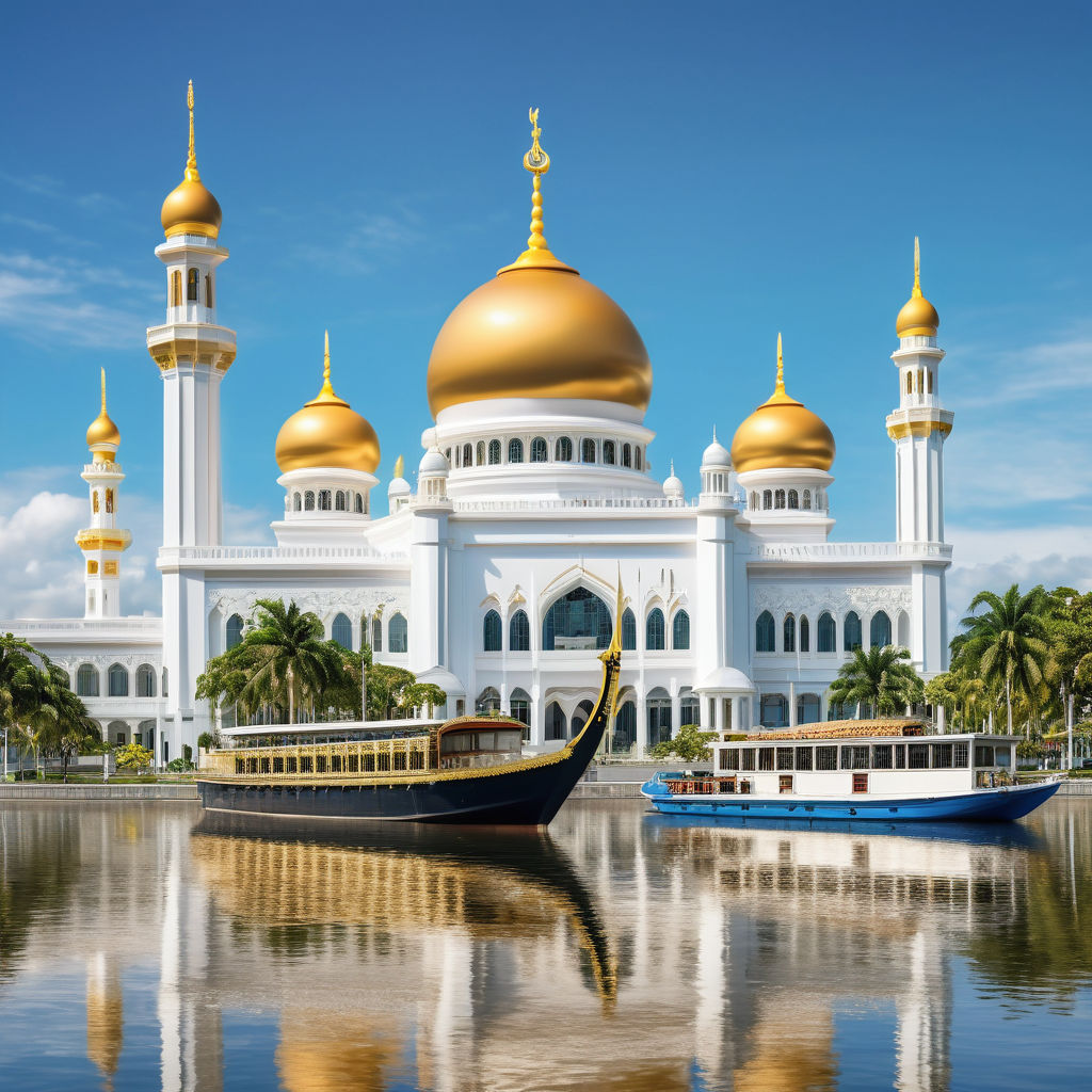 Brunei featuring the Sultan Omar Ali Saifuddien Mosque. Capture the mosque's stunning golden dome, elegant white marble structure, and the surrounding lagoon with a ceremonial boat. Include a clear blue sky to highlight the architectural and cultural significance of this landmark.