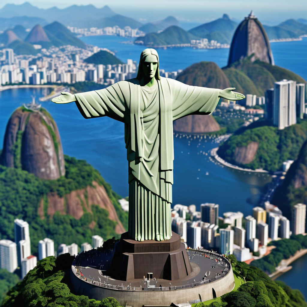 Brazil featuring the Christ the Redeemer statue. The image should show the iconic statue with its arms outstretched atop the Corcovado Mountain, overlooking the city of Rio de Janeiro. Include the lush greenery of the surrounding Tijuca Forest and a clear blue sky to capture the landmark's majesty and cultural significance.