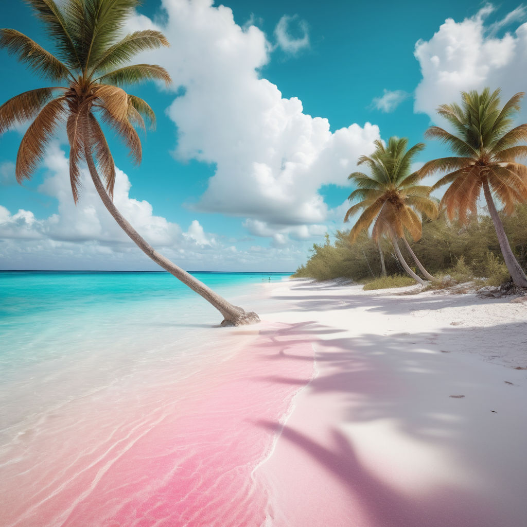 the Bahamas featuring the pristine pink sand beaches of Harbour Island. Capture the vibrant pink shoreline, crystal-clear turquoise waters, and swaying palm trees. Include a few beachgoers enjoying the sun to highlight the tropical paradise and natural beauty of this iconic location.