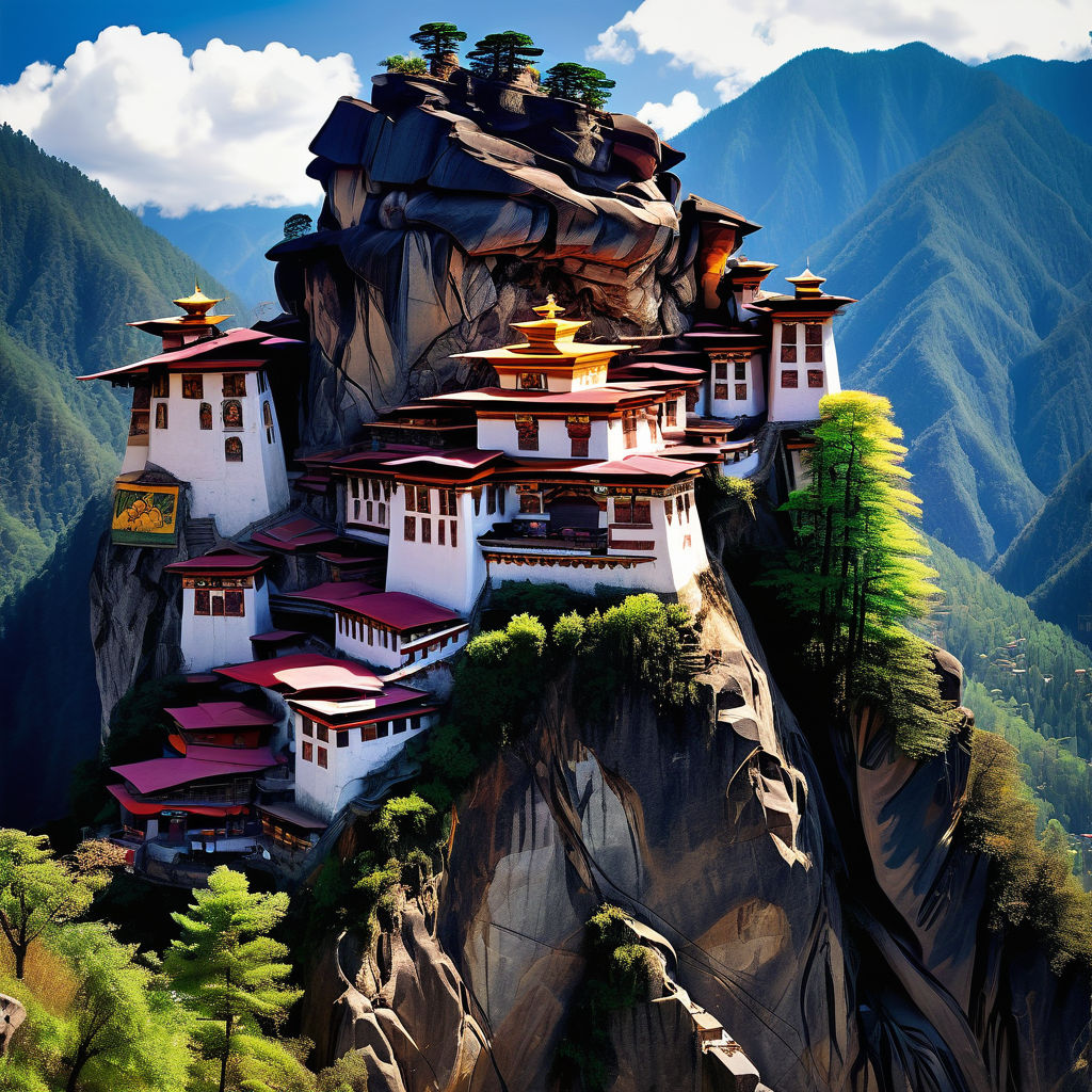 Bhutan featuring the Paro Taktsang (Tiger's Nest Monastery). Capture the iconic monastery perched on the cliffside, with its ornate architecture and vibrant prayer flags. Include the surrounding lush green mountains and a clear blue sky to highlight the spiritual and scenic beauty of this landmark.