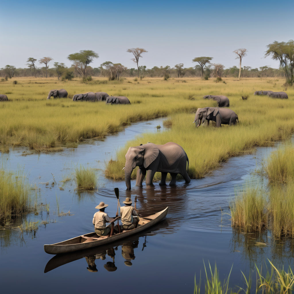 Botswana featuring the Okavango Delta. Capture the lush wetlands with winding waterways, vibrant green vegetation, and diverse wildlife such as elephants and hippos. Include a clear blue sky and some traditional mokoro canoes to highlight the natural beauty and ecological significance of this landmark.