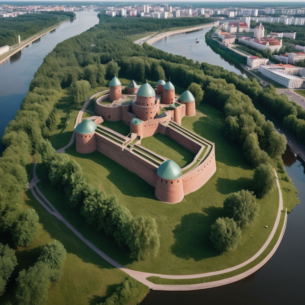 Belarus showcasing the Brest Hero-Fortress. Capture the fortress’s monumental Soviet-era memorial and its distinctive brick architecture, surrounded by lush greenery and a serene river. Highlight the historical and commemorative aspects of the site, emphasizing its significance in World War II history.