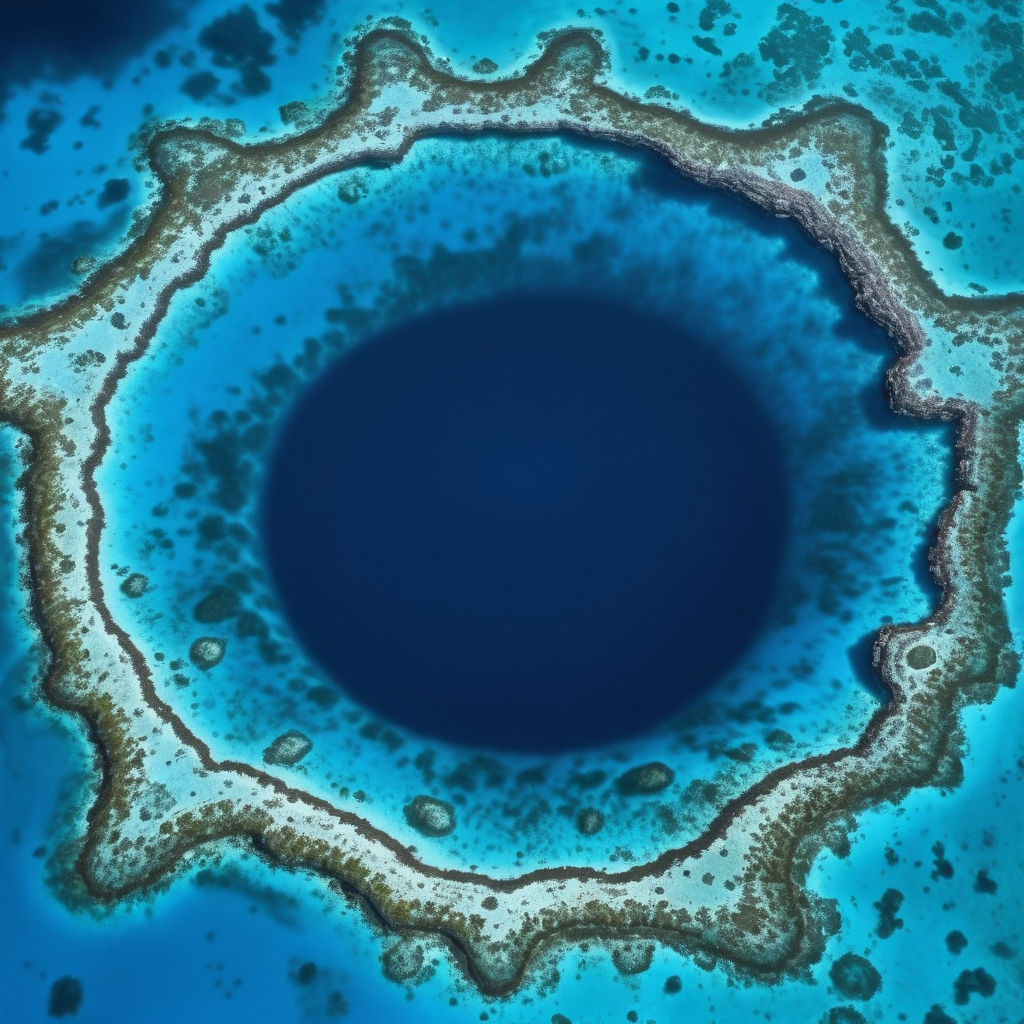 Belize featuring the Great Blue Hole. Capture the stunning circular sinkhole with its deep blue waters surrounded by the vibrant turquoise of the Caribbean Sea. Include a few boats nearby and a clear blue sky to highlight the natural beauty and unique underwater attraction of this landmark.