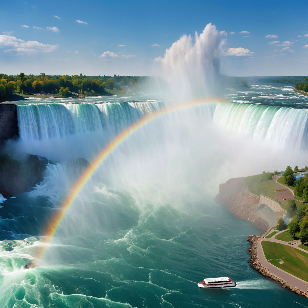 Canada featuring Niagara Falls. The image should show the powerful waterfalls with mist rising and a rainbow forming in the spray, set against a clear blue sky. Include a boat with tourists wearing rain ponchos to capture the grandeur and iconic nature of this landmark.