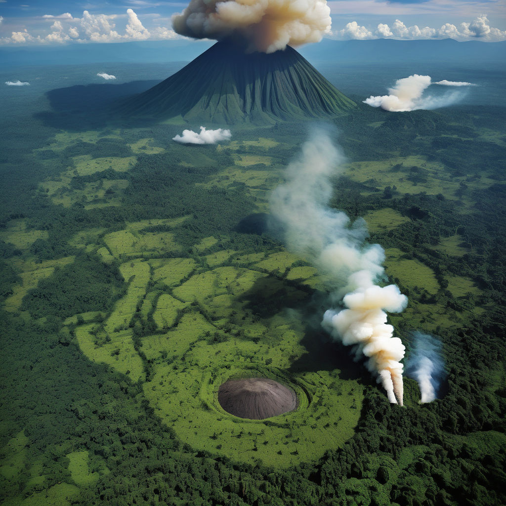 the Democratic Republic of the Congo featuring the stunning Virunga National Park. Showcase the lush, dense rainforests with dramatic volcanic landscapes in the background. Include a glimpse of the active Nyiragongo volcano, with its smoking crater, and some of the diverse wildlife such as mountain gorillas amidst the verdant foliage.