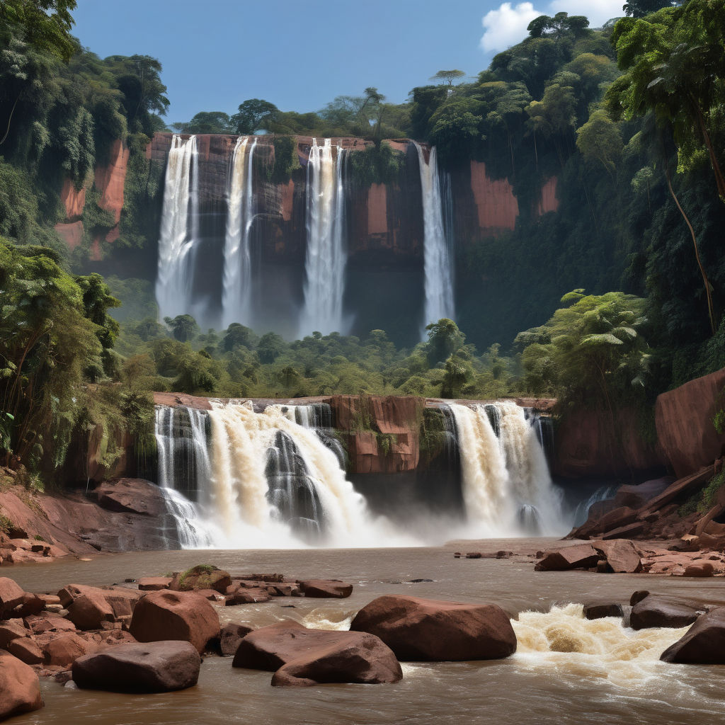 the Central African Republic featuring the stunning Boali Falls. Capture the powerful waterfall cascading down the rocky cliffs, surrounded by lush green vegetation. Include the river flowing from the falls and a clear blue sky to highlight the natural beauty and scenic landscape of this landmark.