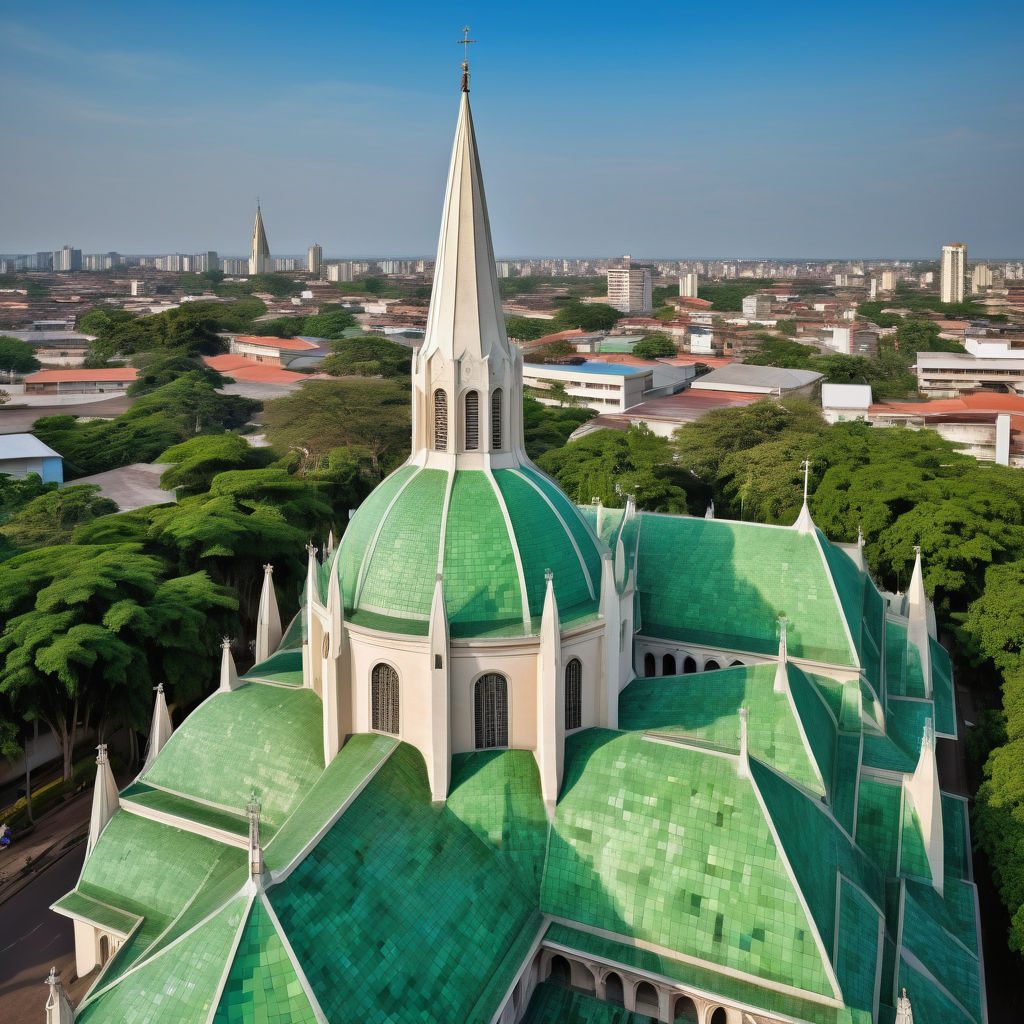 Congo (Congo-Brazzaville) featuring the Basilique Sainte-Anne in Brazzaville. Capture the distinctive green-tiled roof and elegant spire of the basilica, set against a clear blue sky. Include some of the surrounding greenery and urban landscape to highlight the architectural and cultural significance of this landmark.