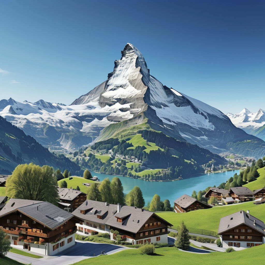 Switzerland featuring the Matterhorn mountain. The image should show the iconic pyramid-shaped peak with its snow-covered slopes, set against a clear blue sky. Include the picturesque alpine landscape with green meadows and small chalets to capture the natural beauty and grandeur of this landmark.