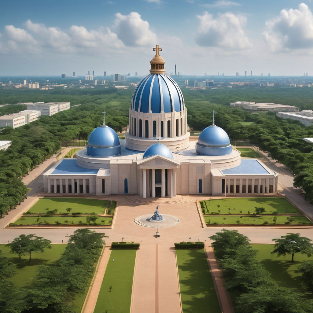 Côte d'Ivoire featuring the iconic Basilica of Our Lady of Peace in Yamoussoukro. Show the grand, modern architecture of the basilica with its large dome and impressive columns. Include the surrounding lush greenery and the peaceful atmosphere of the area.