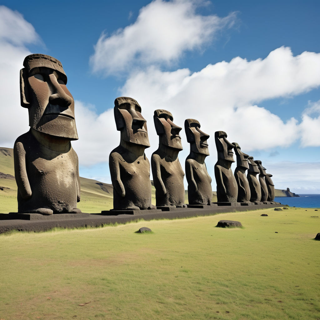 Chile featuring the Moai statues on Easter Island. The image should show the iconic stone statues standing on a grassy plain, with the Pacific Ocean and a clear blue sky in the background. Include some clouds and the rugged landscape to capture the mysterious and historical significance of this landmark.