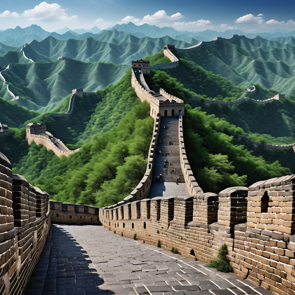 China featuring the Great Wall of China. The image should show the ancient stone wall winding over the rolling hills and mountains with lush greenery, a clear blue sky, and a few tourists walking along the wall, capturing the grandeur and historical significance of this iconic landmark.