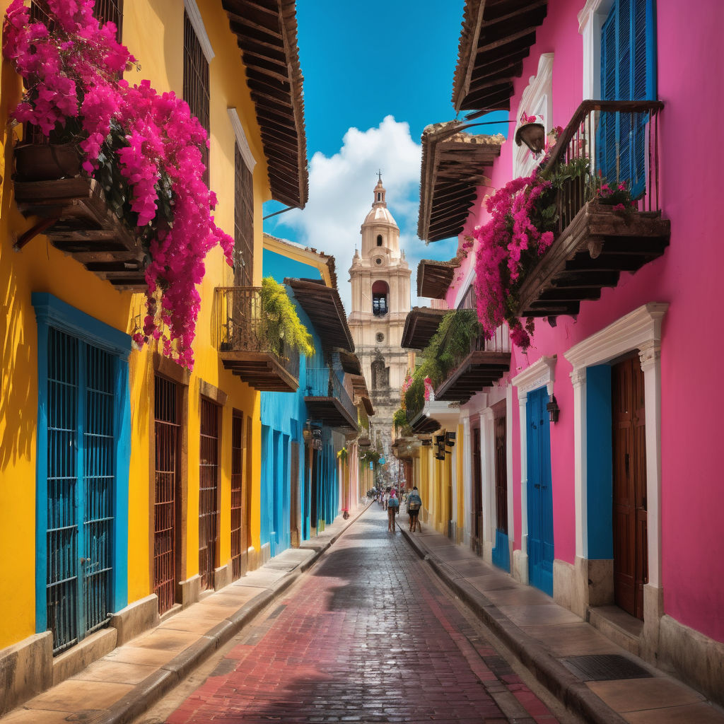 Colombia featuring the colorful streets of Cartagena's historic old town. The image should show vibrant colonial buildings with balconies, narrow cobblestone streets, and lush bougainvillea. Include some people walking and street vendors to capture the lively atmosphere and cultural significance of this landmark.