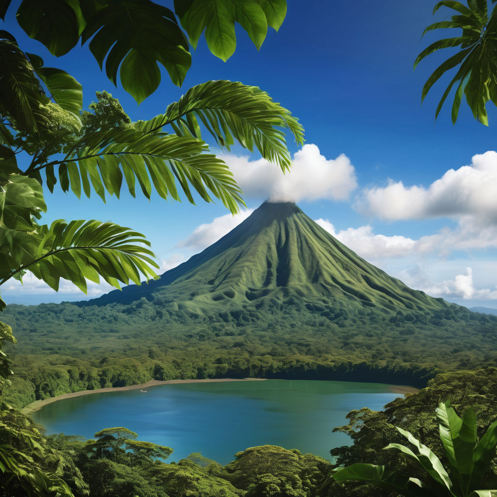 Costa Rica featuring the Arenal Volcano. Show the majestic, conical shape of the volcano with its lush green base surrounded by tropical rainforests. Include a clear blue sky and a serene lake at the base, reflecting the volcano's image. The scene should capture the natural beauty and volcanic landscape of Costa Rica.