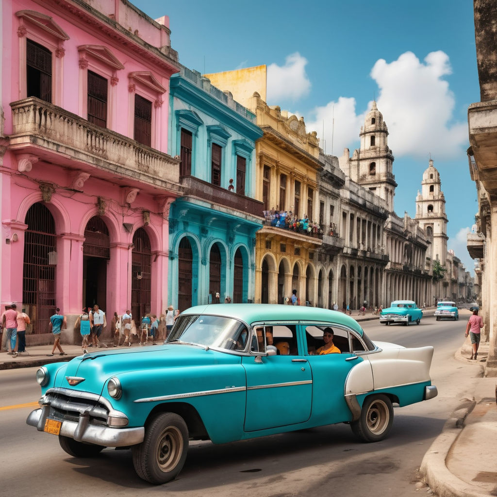 Cuba featuring the colorful streets of Old Havana. Show the vibrant colonial buildings with their pastel facades, classic American cars parked along the streets, and local people walking by. Include the lively atmosphere of street vendors and musicians to capture the cultural essence of this landmark.