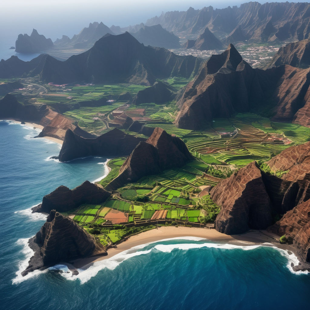 Cabo Verde featuring the stunning landscapes of Santo Antão Island. Capture the dramatic green valleys, terraced hillsides, and rugged coastal cliffs. Include the vibrant blue Atlantic Ocean in the background and a clear sky to highlight the natural beauty and unique scenery of this location.