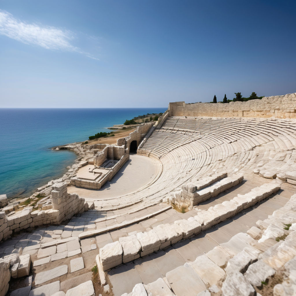 Cyprus featuring the ancient ruins of Kourion. Capture the well-preserved Greco-Roman amphitheater overlooking the Mediterranean Sea, with its stone steps and arches. Include the surrounding archaeological site and a clear blue sky to highlight the historical and cultural significance of this landmark.