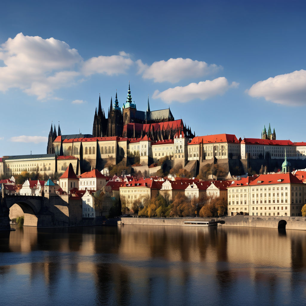 the Czech Republic featuring Prague Castle. The image should show the grand castle complex perched on a hill overlooking the city, with its gothic architecture and the iconic spires of St. Vitus Cathedral. Include the Vltava River and a clear blue sky to capture the historical and architectural significance of this landmark.