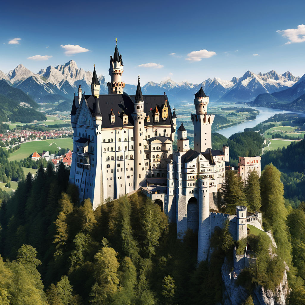 Germany featuring Neuschwanstein Castle. The image should show the iconic fairytale-like castle perched on a hilltop with its towers and spires, surrounded by dense forest and the Bavarian Alps in the background. Include a clear blue sky to capture the landmark's picturesque and majestic appearance.