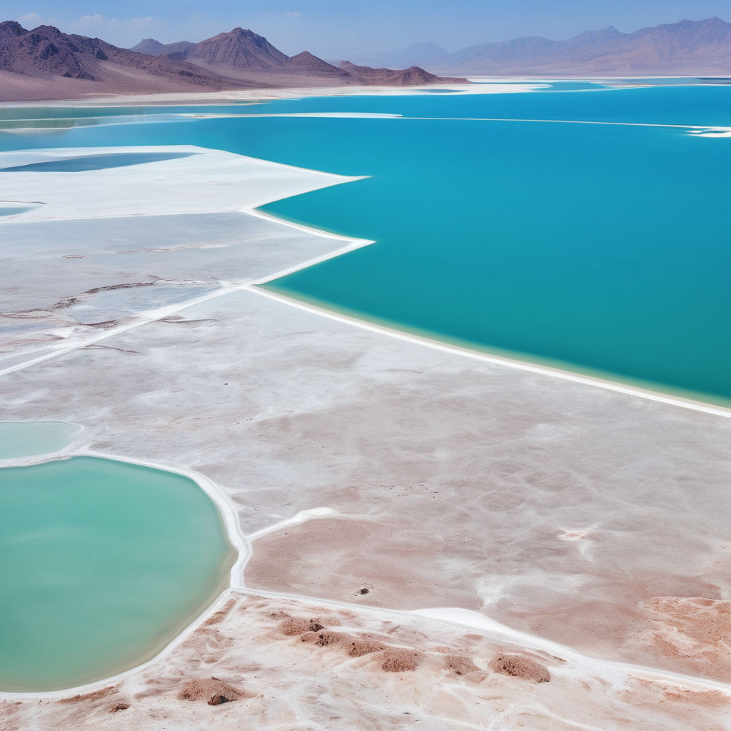 Djibouti featuring Lake Assal. Capture the stunning salt lake with its bright white salt flats and turquoise waters, surrounded by the arid, rocky landscape. Include the clear blue sky and a few salt formations to highlight the unique and dramatic scenery of this landmark.