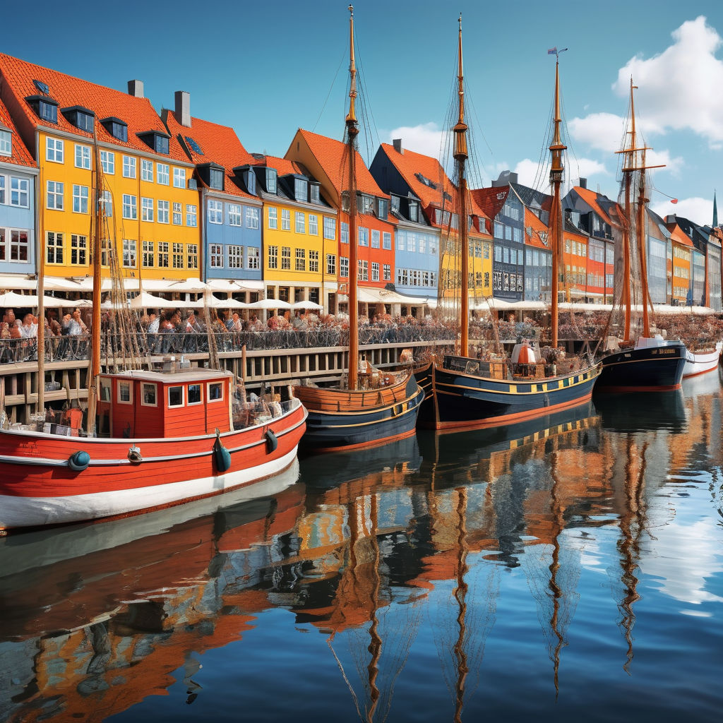 Denmark featuring the iconic Nyhavn Harbor in Copenhagen. Show the vibrant, colorful 17th-century buildings lining the canal, with historic wooden ships docked along the waterfront. Capture the lively atmosphere with people strolling, dining at outdoor cafes, and the picturesque reflections in the water.