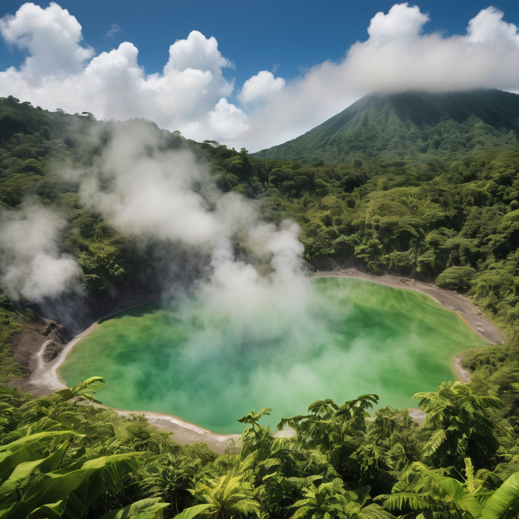 Dominica featuring the iconic Boiling Lake. Capture the steamy, bubbling lake surrounded by lush green rainforests and rugged terrain. Include the mist rising from the lake and a clear blue sky to highlight the natural beauty and unique geothermal activity of this landmark.