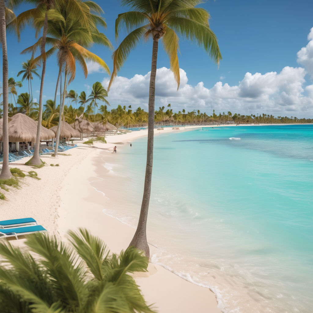 the Dominican Republic showcasing the vibrant beachfront of Punta Cana. Capture the crystal-clear turquoise waters, white sandy beaches lined with palm trees, and luxury resorts in the background. Include tourists enjoying the sun and the relaxed tropical atmosphere.