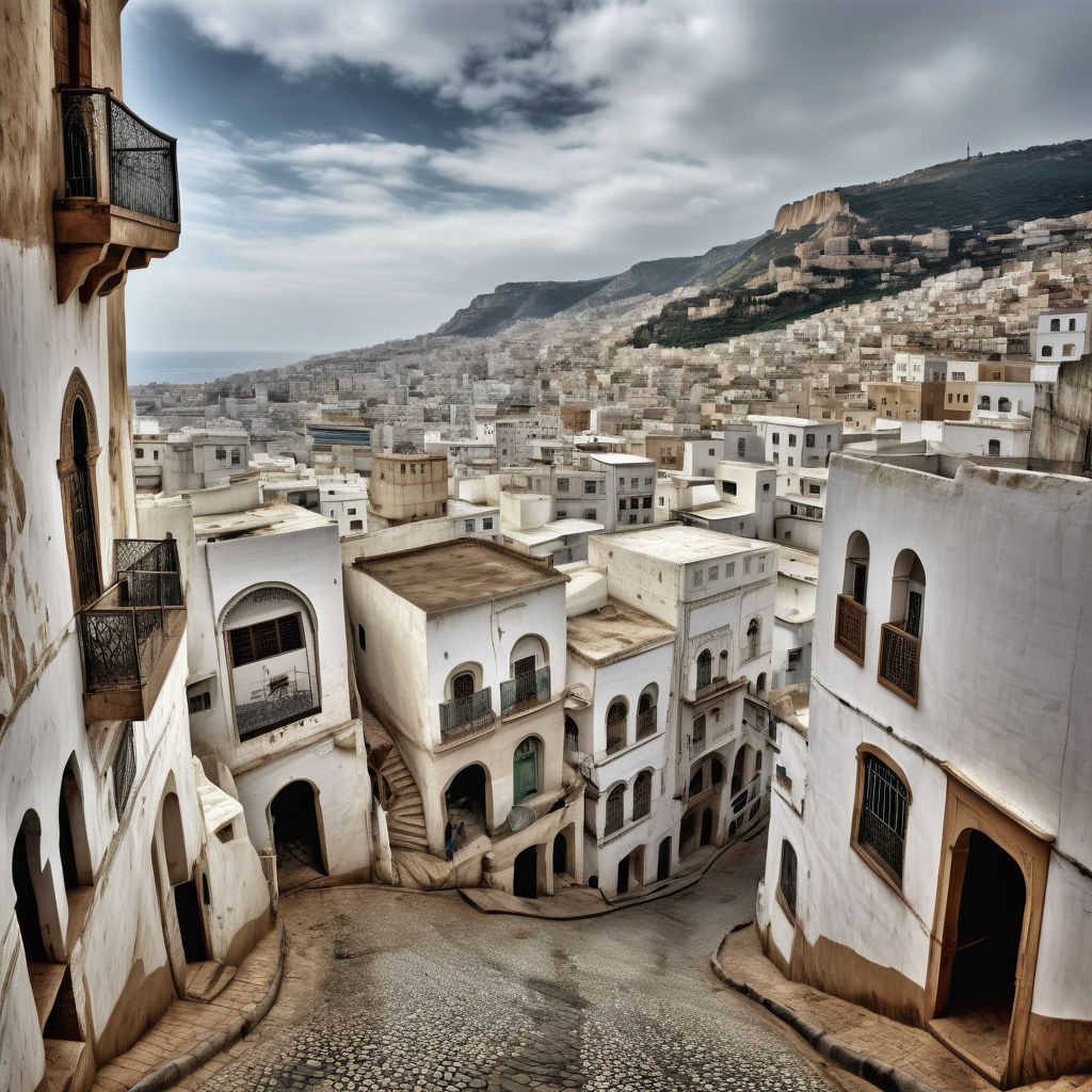 Algeria featuring the Casbah of Algiers. The image should show the historic district with its narrow, winding streets, whitewashed buildings, and traditional Algerian architecture. Include some local people walking and the Mediterranean Sea in the background to capture the cultural and historical significance of this landmark.