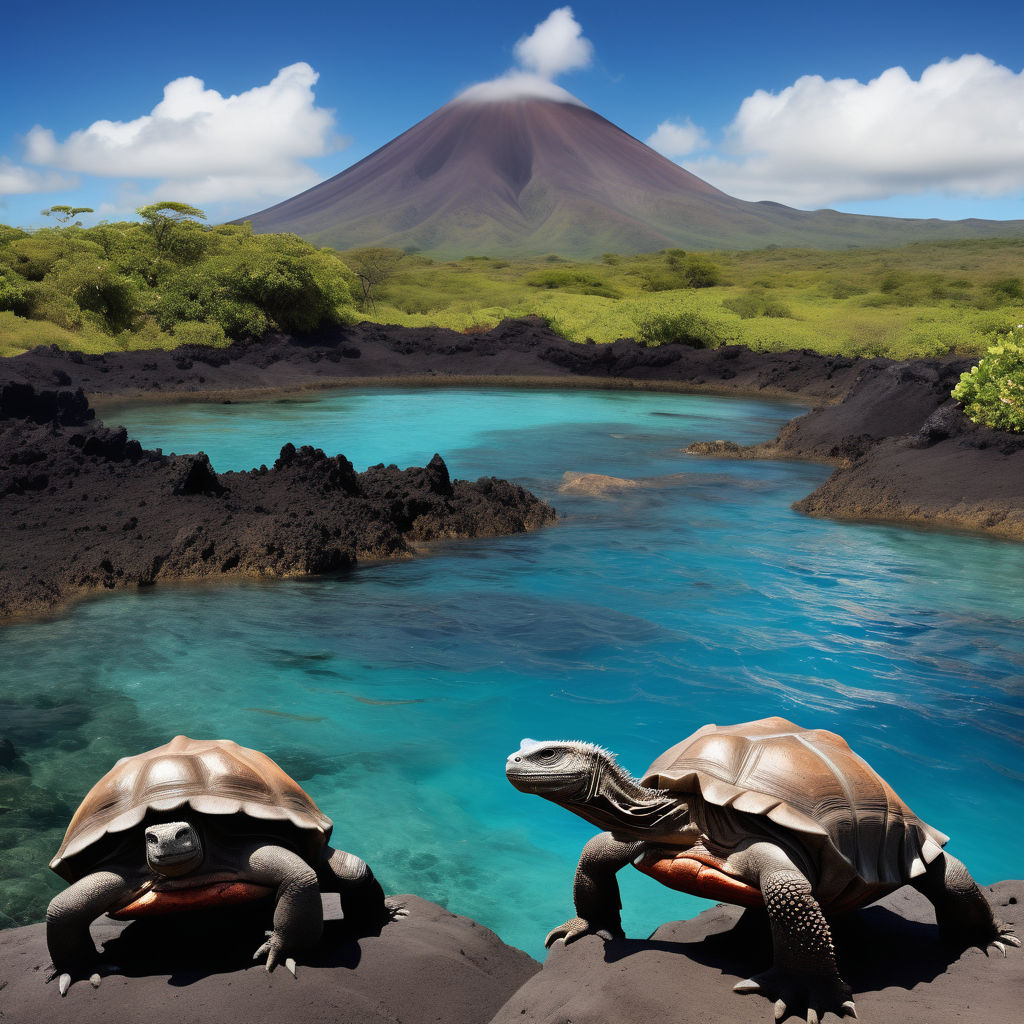 Ecuador featuring the Galápagos Islands. The image should show the unique volcanic landscape with its rugged terrain and diverse wildlife, such as giant tortoises or marine iguanas. Include the clear blue waters and a bright sky to capture the natural beauty and ecological significance of this landmark.