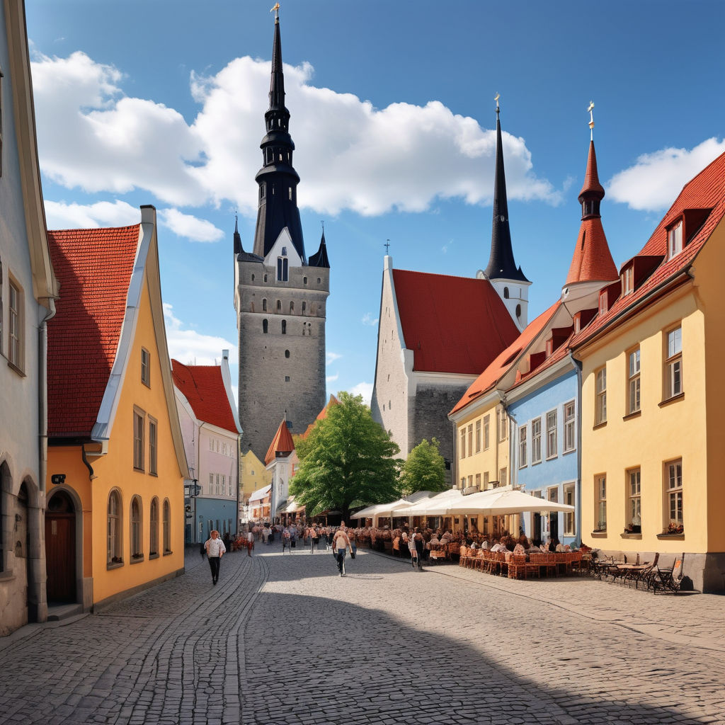 Estonia featuring the historic Tallinn Old Town. Capture the cobblestone streets lined with colorful medieval buildings, the tall spire of St. Olaf's Church, and the iconic Town Hall Square. Include some people walking and the lively atmosphere to highlight the charm and historical significance of this UNESCO World Heritage site.