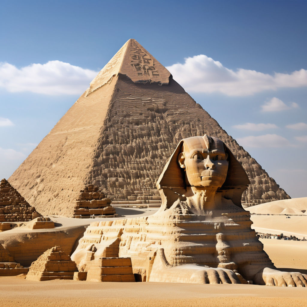 Egypt featuring the Great Pyramids of Giza. The image should show the iconic pyramids towering over the desert landscape with a clear blue sky. Include the Sphinx in the foreground to capture the historical and cultural significance of this landmark.